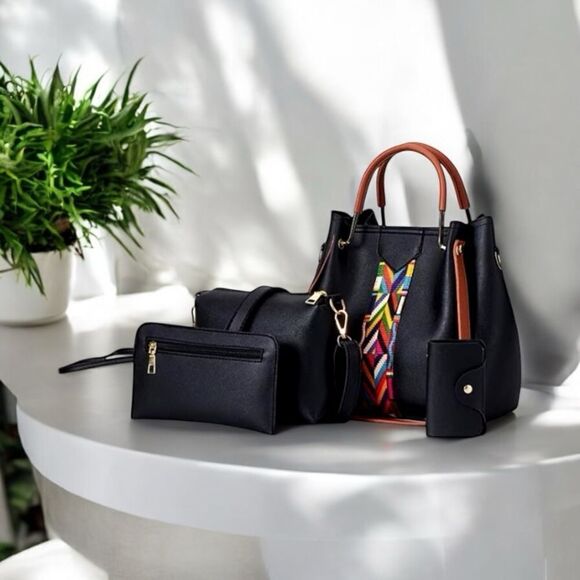 GRACE FASHION Women’s 4 in 1 PU Leather Handbag in Black Multi - Picture 3 of 12